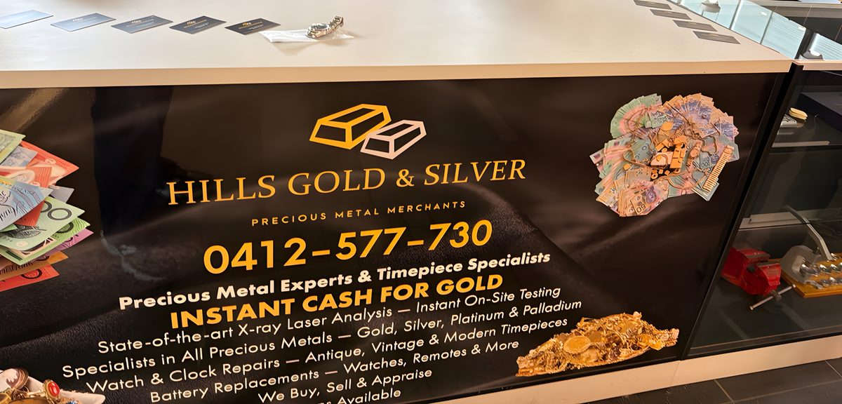 The Hills Gold & Silver counter with its testing signage