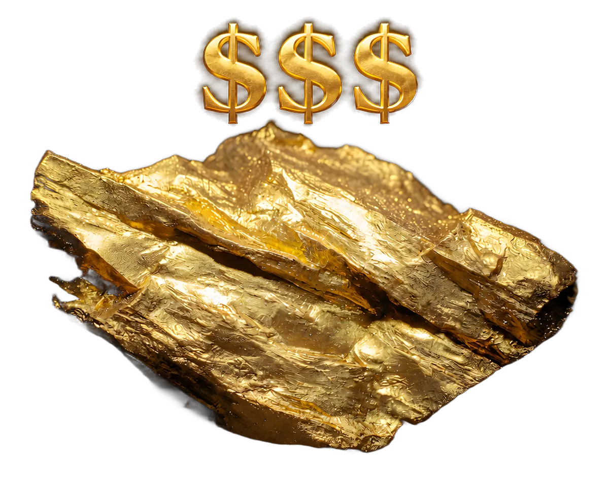 A large gold nugget under three glowing gold dollar signs