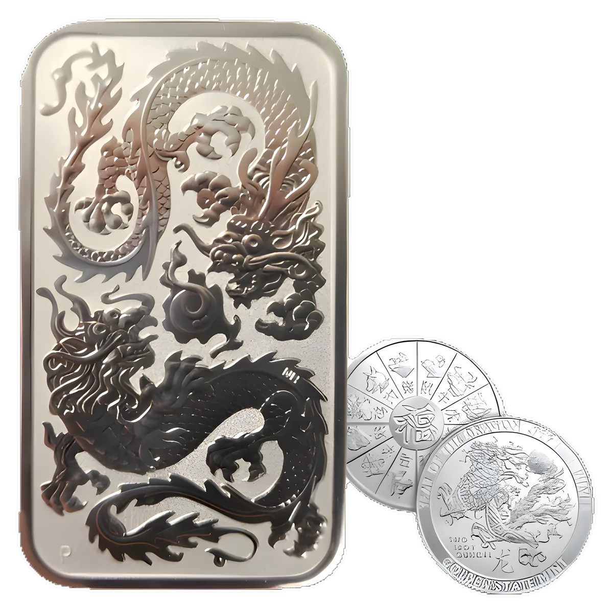 A fine silver dragon bar with two silver coins